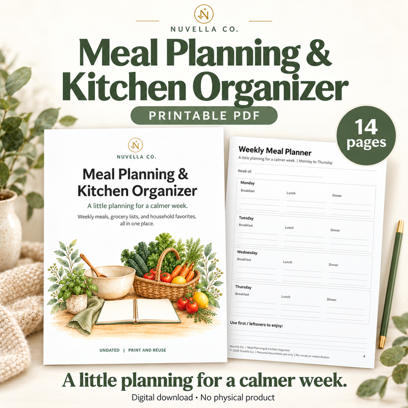 Nuvella Co. Meal Planning & Kitchen Organizer, 14-page printable PDF, showing the cover and weekly meal planner.