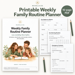 Nuvella Weekly Family Routine Planner cover with weekly overview, routine checklist, and emergency contacts preview