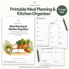Preview of Nuvella Co.’s printable kitchen organizer showing the cover, weekly meal planner, grocery list, and leftovers tracker.